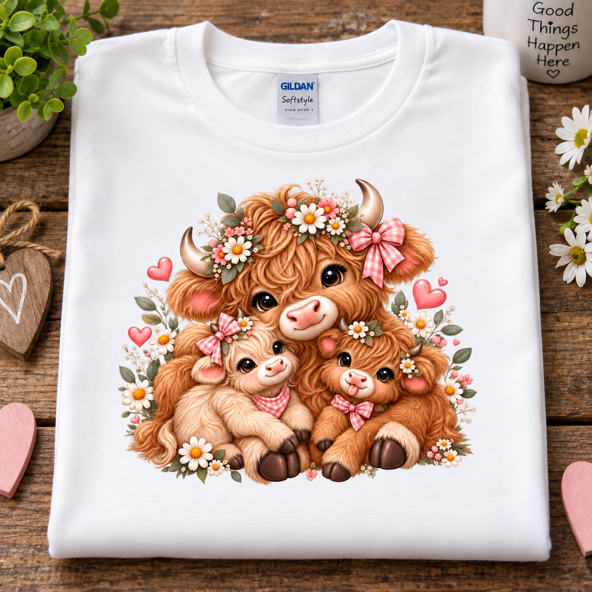 A folded white Gildan Softstyle T-shirt laid flat on a rustic wooden surface, featuring a large colorful cartoon graphic of three cute Highland cows with flowers and pink bows. Decorative props including flowers, a small plant, and heart-shaped ornaments surround the shirt.