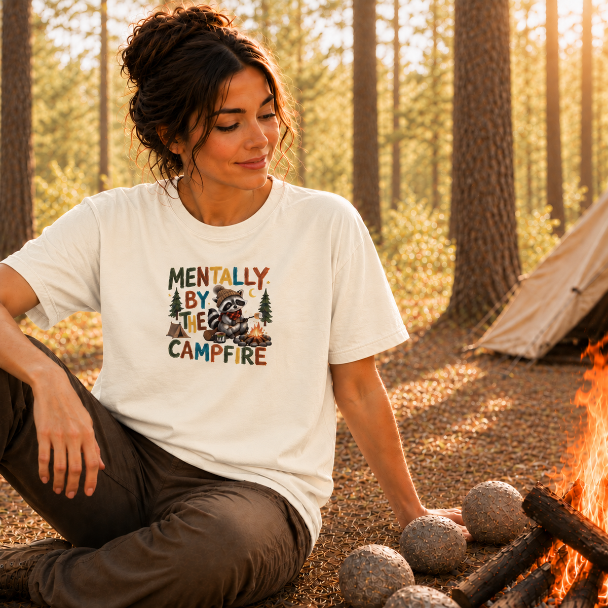 A woman sits by a campfire in a forest wearing a white graphic T-shirt that reads 'MENTALLY BY THE CAMPFIRE' with a campfire scene printed on the front.