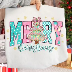Cozy sweatshirt with “Merry Christmas” in festive patterns, including trees, stars, and gold snowflakes, perfect for holiday celebrations.