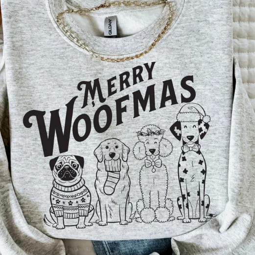 Merry Woofmas graphic Christmas sweatshirt for dog lovers in festive holiday style