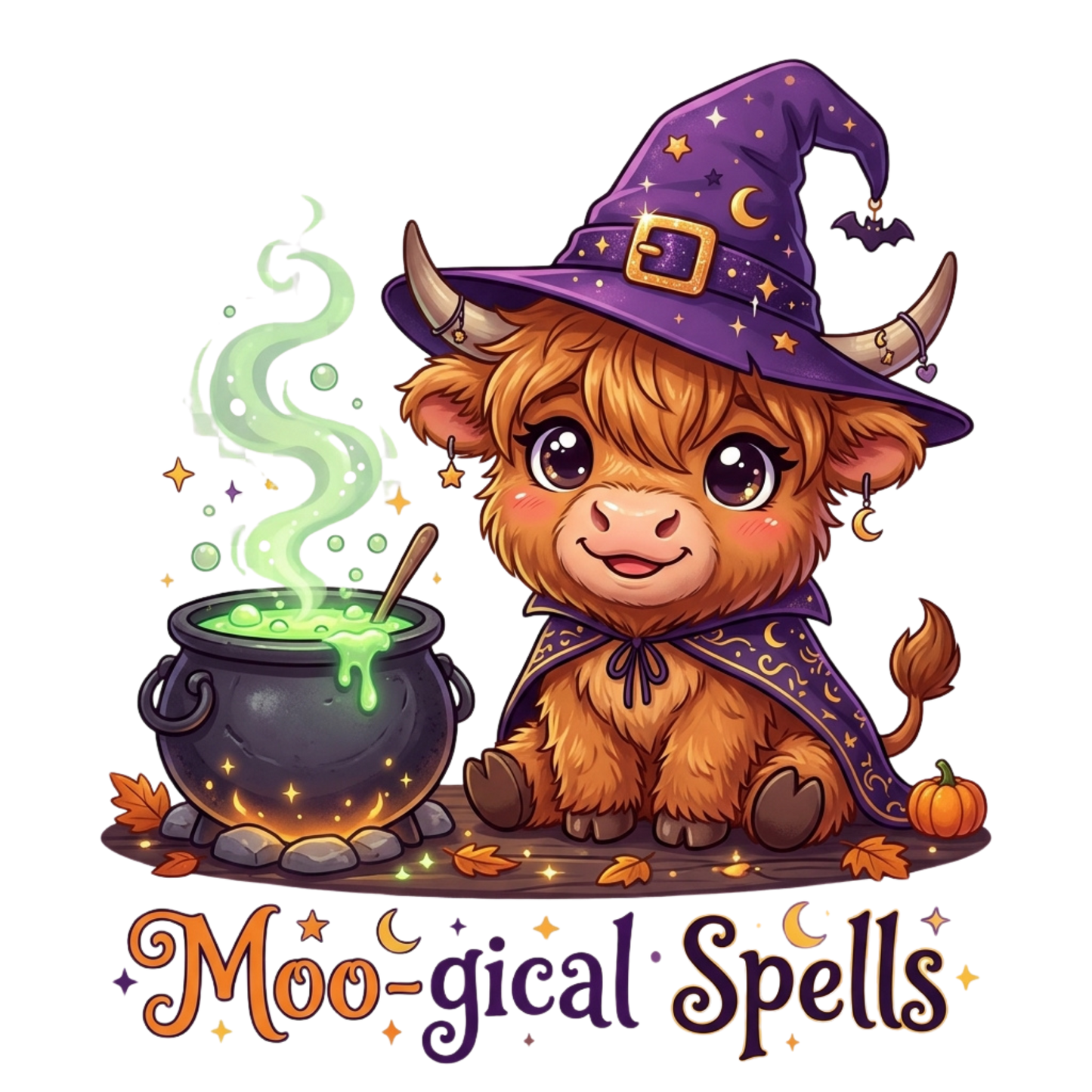 A cute cartoon illustration of a fluffy brown cow wearing a purple witch hat and cape beside a bubbling cauldron with green potion, with the text 'Moo-gical Spells' below on a white background.