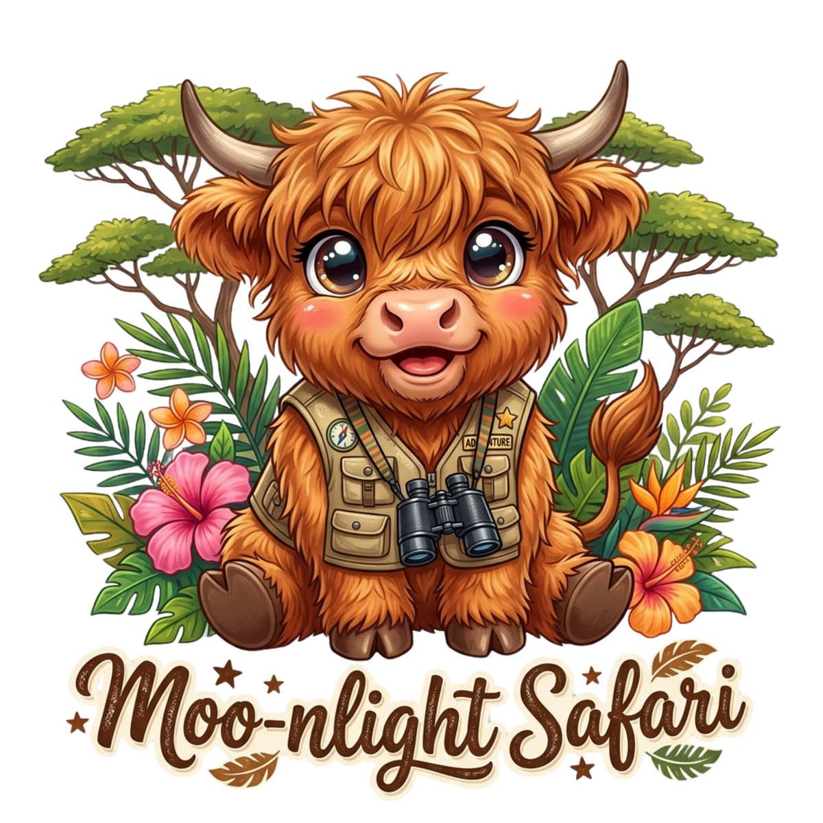 A cartoon highland cow character with horns, wearing a safari vest and binoculars, surrounded by tropical leaves, flowers, and the text 'Moo-nlight Safari' on a white background.