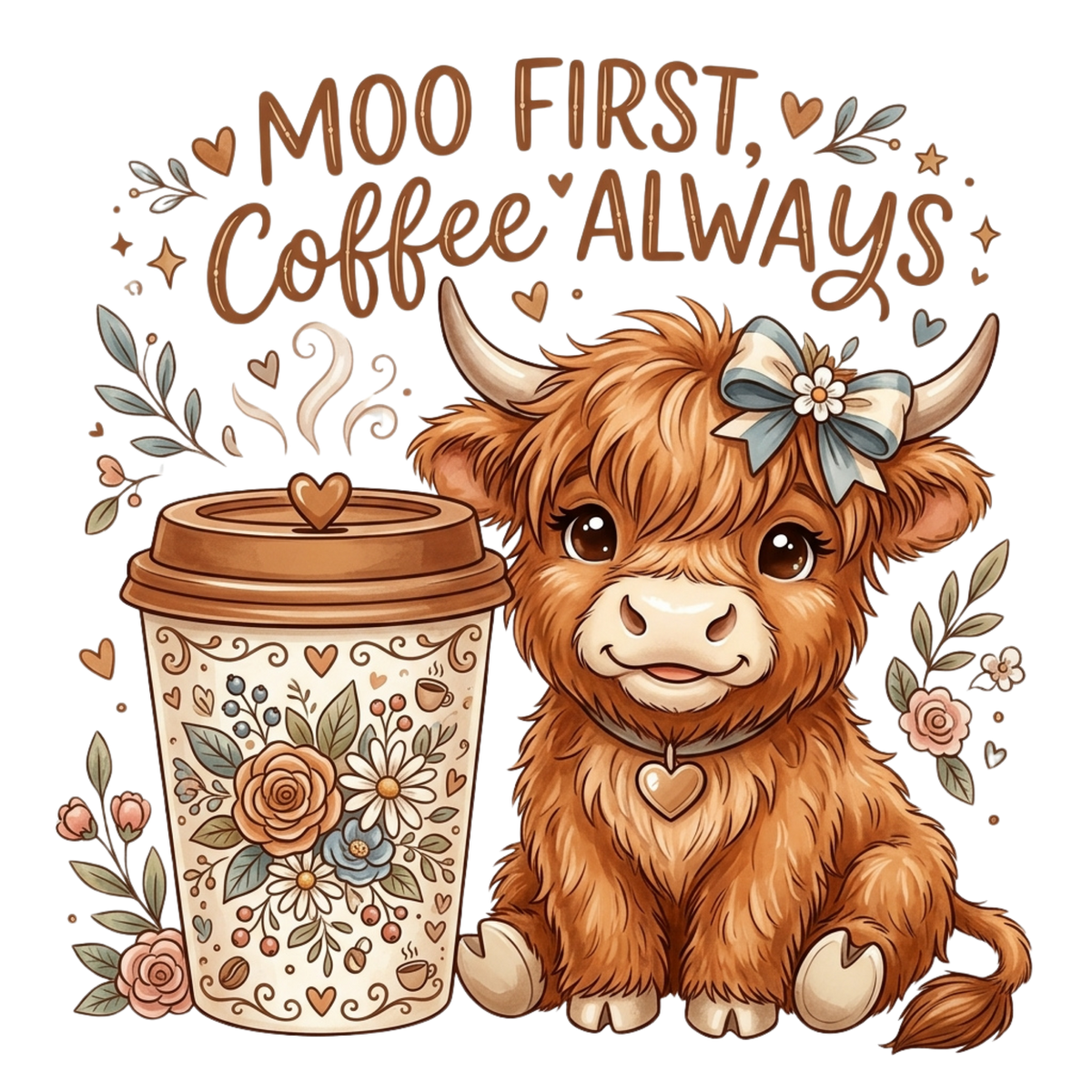 A cute graphic design featuring a fluffy brown highland cow with a blue bow next to a floral coffee cup, with the text 'MOO FIRST, Coffee ALWAYS' above them on a white background.