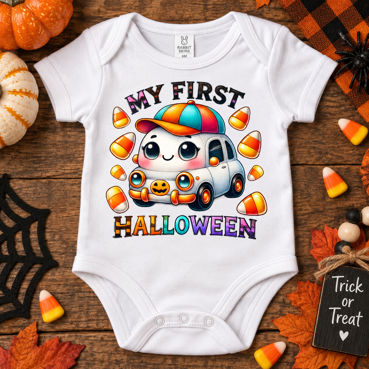 A white short-sleeve baby bodysuit laid flat on a rustic wooden surface, decorated with Halloween-themed props including pumpkins, candy corn, autumn leaves, a spiderweb cutout, and a small sign reading 'Trick or Treat.' The bodysuit features a colorful cartoon graphic of a smiling car with the text 'MY FIRST HALLOWEEN.