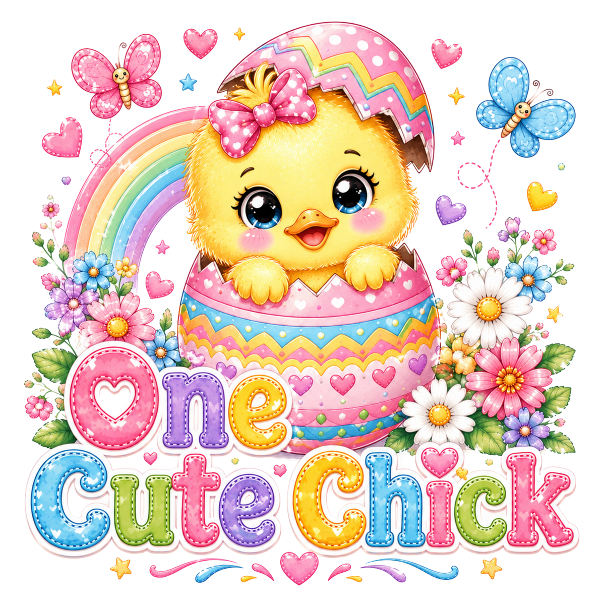 A colorful Easter-themed graphic featuring a cute yellow chick hatching from a pastel patterned egg, surrounded by flowers, butterflies, stars, hearts, and the text 'One Cute Chick' on a white background.
