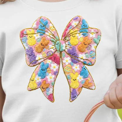 Youth Easter graphic t-shirt featuring Peeps style bunny with egg bow in faux latch hook design