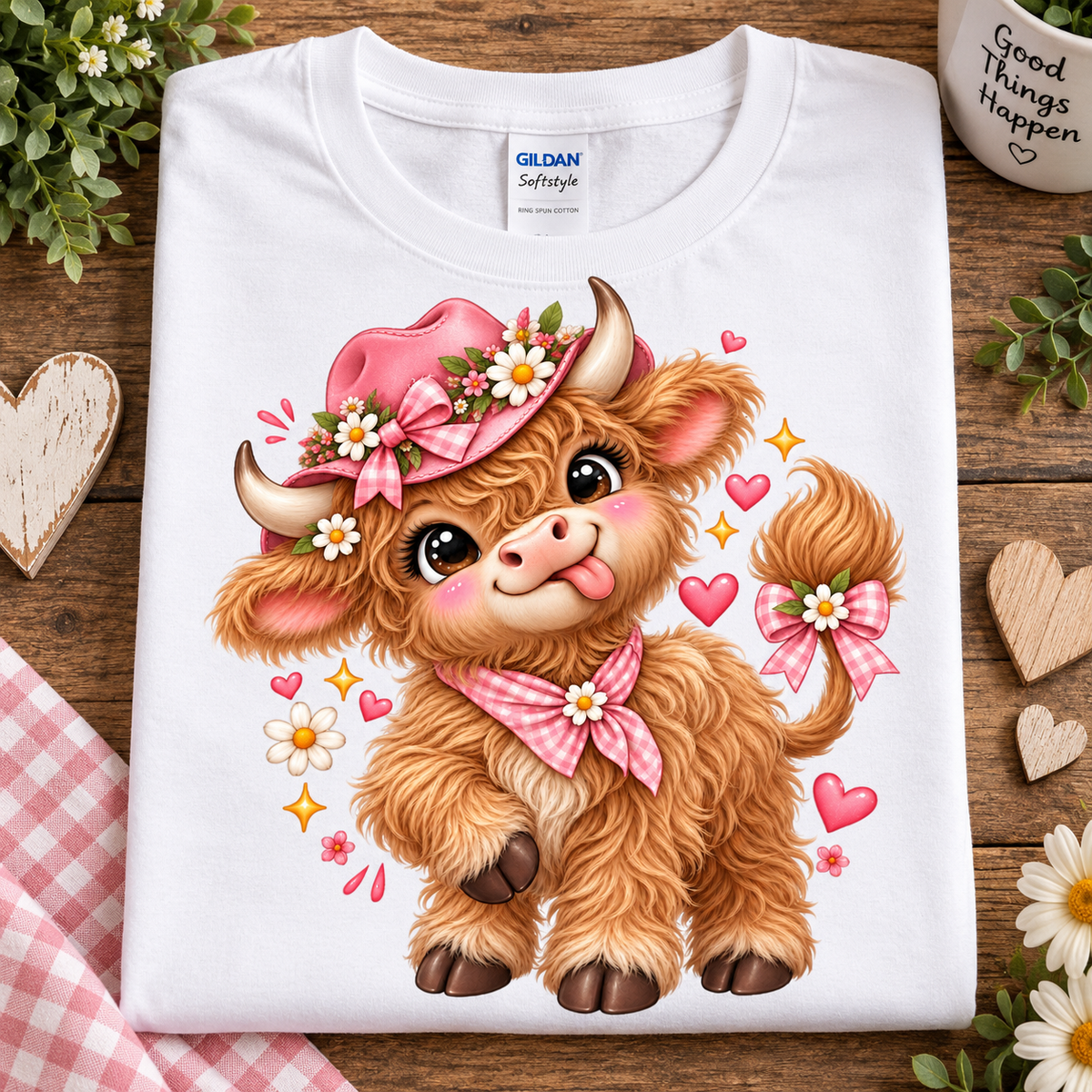 A folded white Gildan Softstyle T-shirt laid flat on a rustic wooden surface, featuring a large cartoon illustration of a fluffy brown highland cow wearing a pink hat and bow, surrounded by pink hearts, daisies, and small floral accents.
