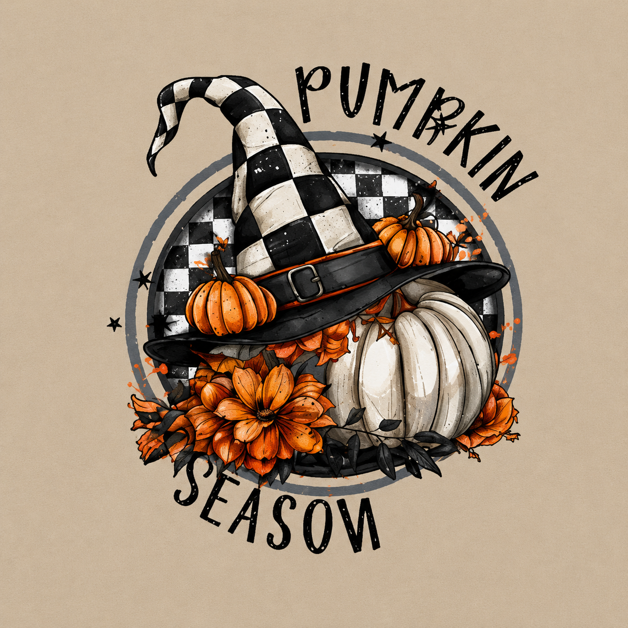 A Halloween-themed graphic design featuring a witch's hat, pumpkins, flowers, and the text 'PUMPKIN SEASON' on a beige background.