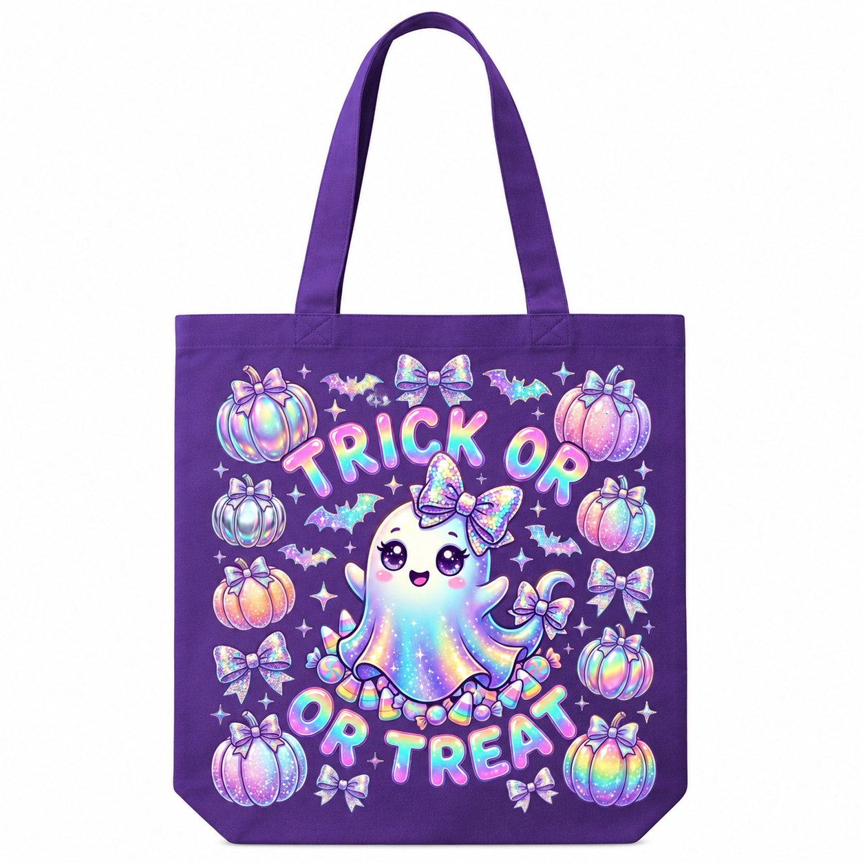 A purple canvas tote bag featuring a cute Halloween graphic with a smiling ghost, iridescent pumpkins, bats, bows, and the text 'TRICK OR TREAT' in a pastel rainbow gradient.