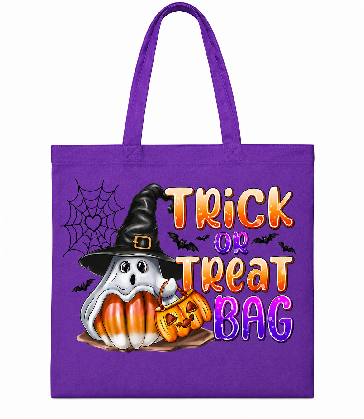 A purple canvas tote bag with a Halloween graphic that reads 'Trick or Treat Bag' in orange and purple lettering, featuring a cartoon ghost in a witch hat, jack-o'-lanterns, bats, and a spiderweb on a white background.