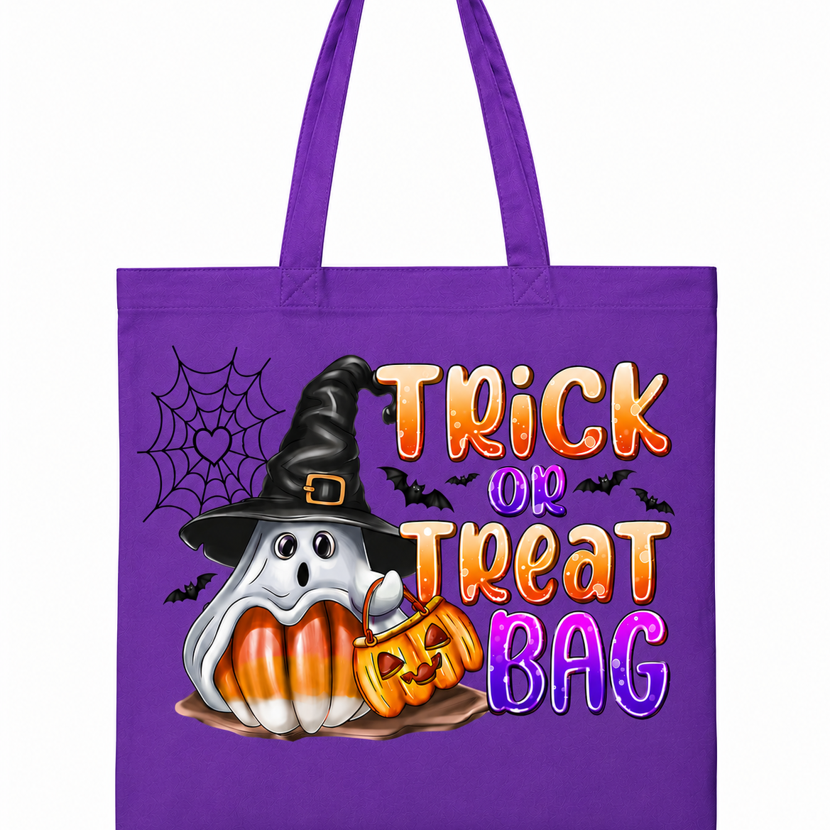 A purple canvas tote bag with a Halloween graphic that reads 'Trick or Treat Bag' in orange and purple lettering, featuring a cartoon ghost in a witch hat, jack-o'-lanterns, bats, and a spiderweb on a white background.