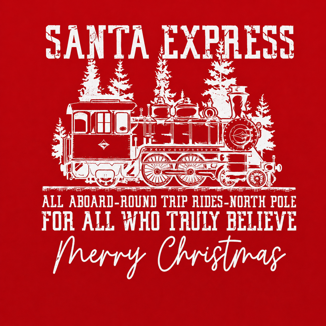White Santa Express train graphic on a red background with Christmas text.