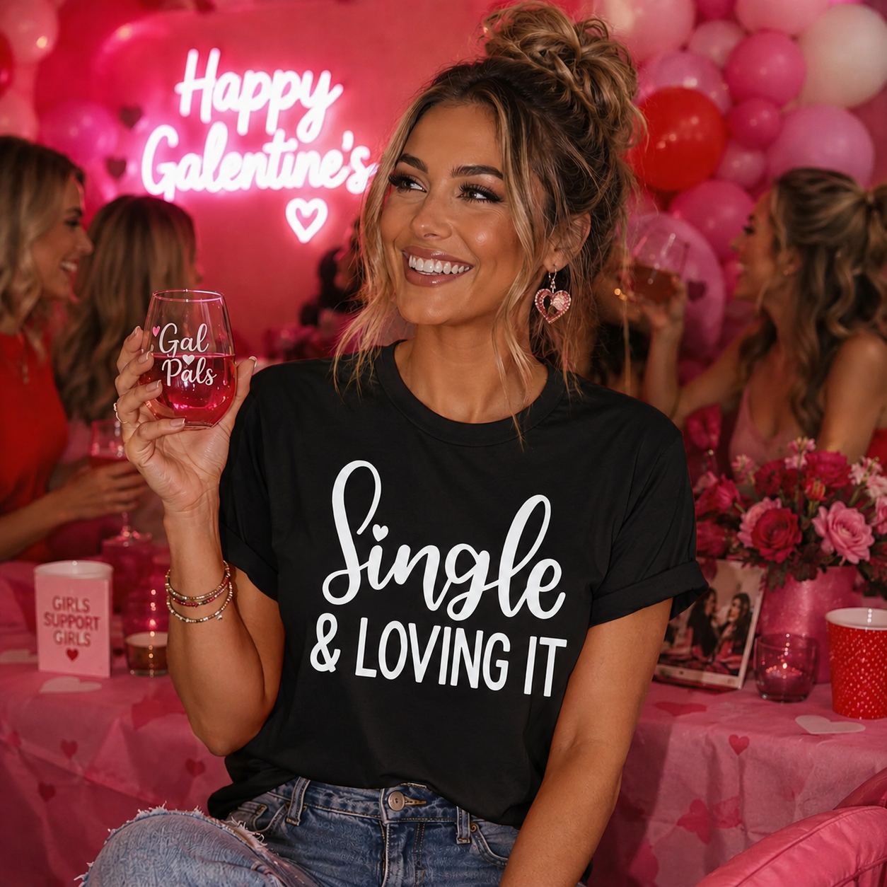 Woman at a Valentine's Day party wearing a 'Single & Loving It' shirt, holding a glass.