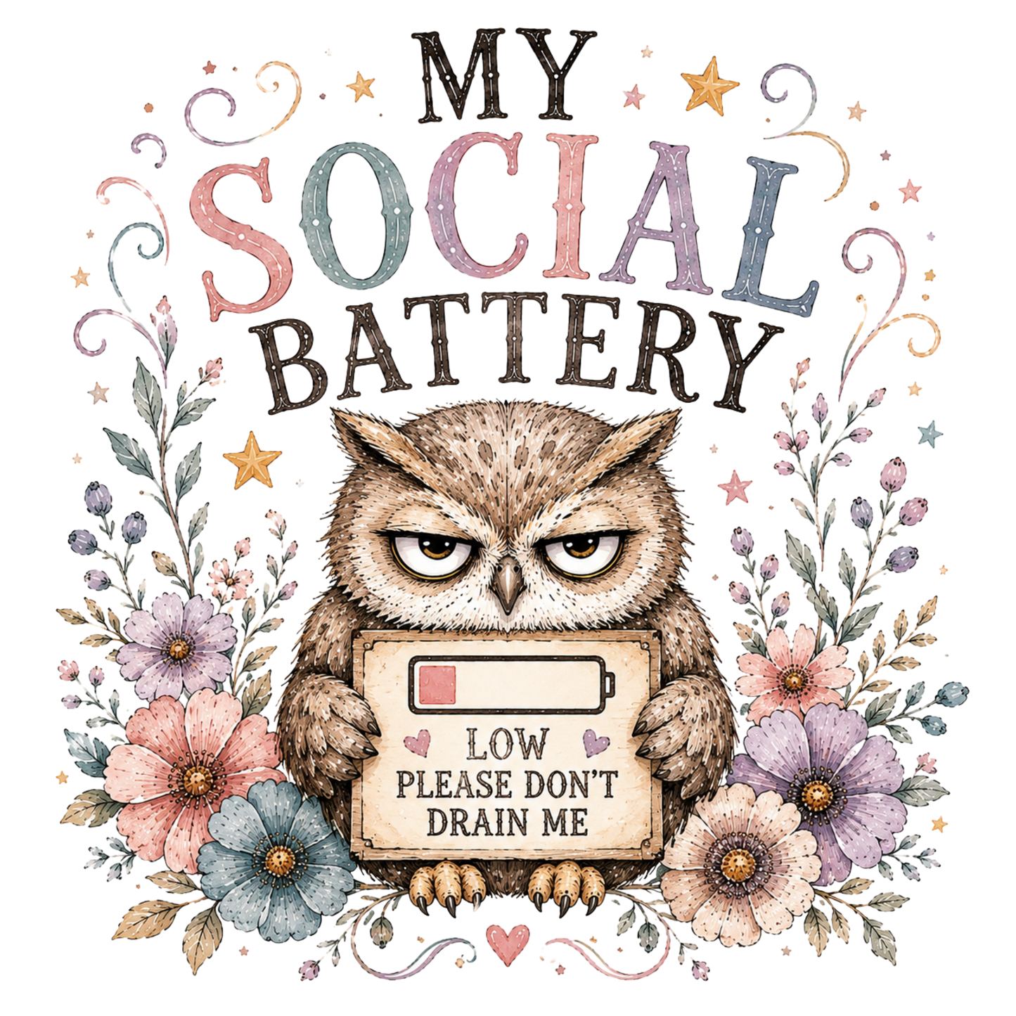 A cute owl holding a sign that reads 'LOW PLEASE DON'T DRAIN ME' with a battery icon showing low energy. The text 'MY SOCIAL BATTERY' appears above in large decorative letters, surrounded by pastel flowers and swirls on a white background.