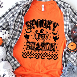 Spooky Season graphic t-shirt with jack-o’-lantern, bats, and ghosts on front.