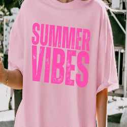 Summer Vibes graphic t-shirt with bright, laid-back design, perfect for beach days, vacations, and sunny adventures.