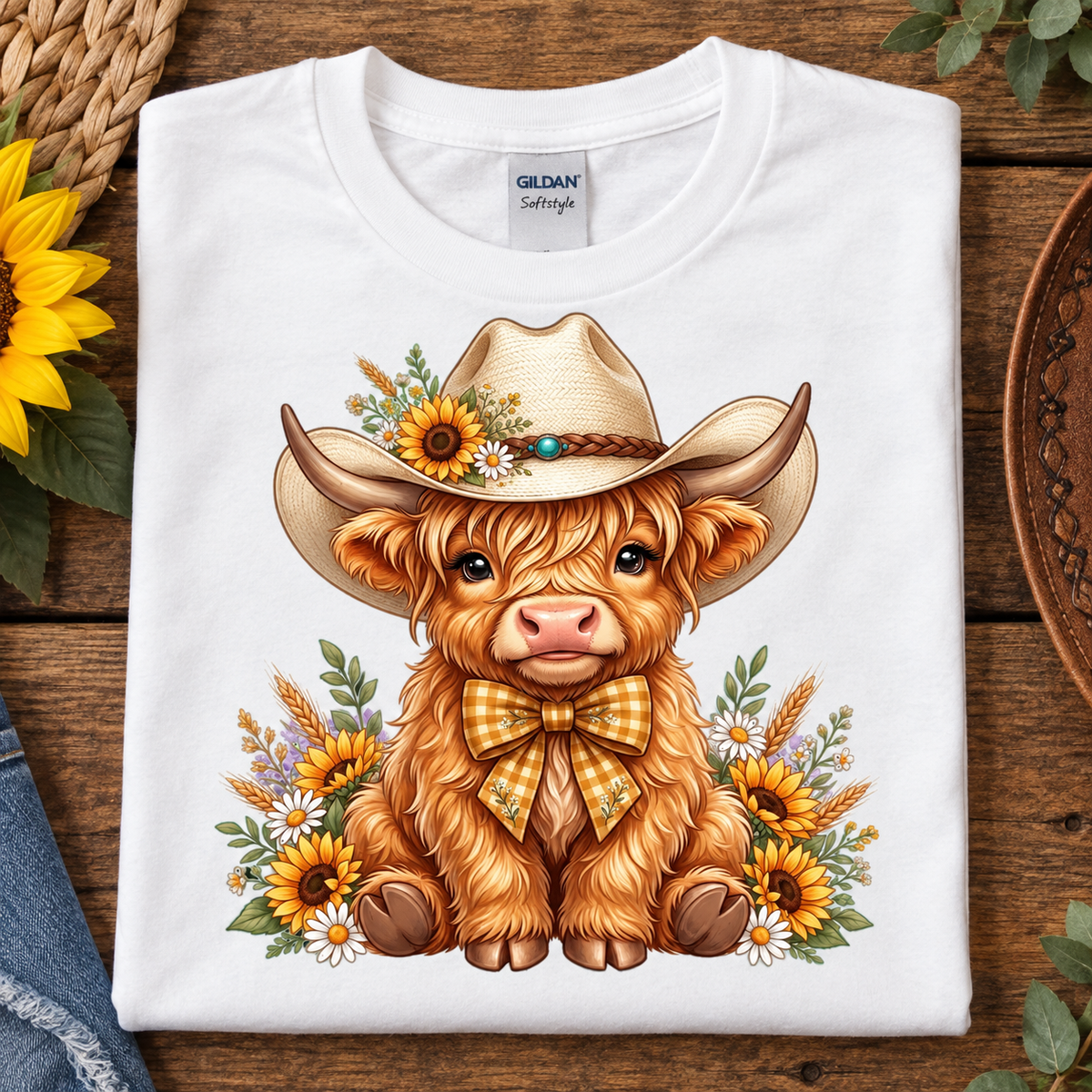 Sunflower Cowgirl Highland Cow Youth Graphic T-Shirt