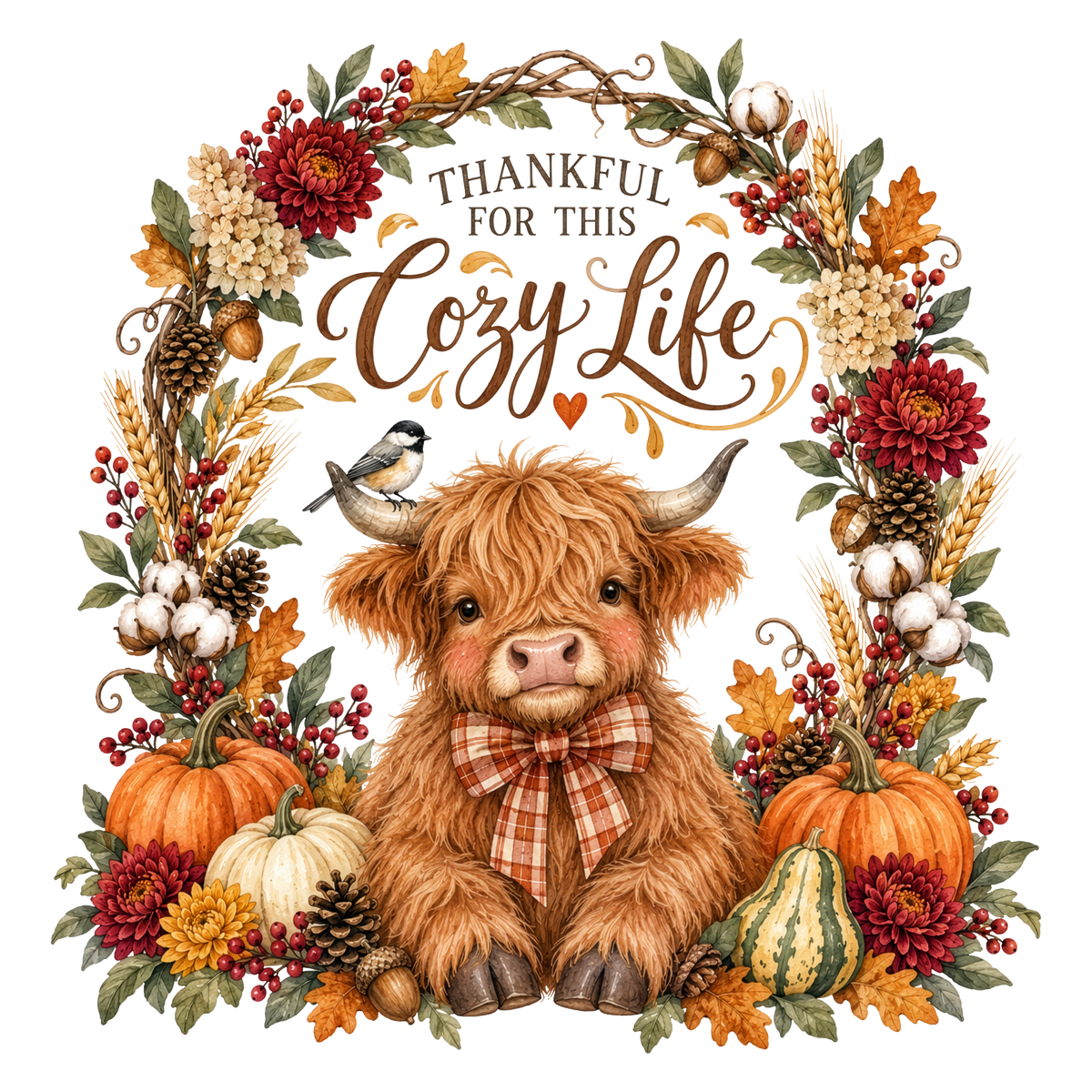 A cozy autumn-themed graphic featuring a fluffy brown highland cow in the center, surrounded by a wreath of fall flowers, pumpkins, wheat, pinecones, and berries. The text reads 'THANKFUL FOR THIS Cozy Life' above the cow.