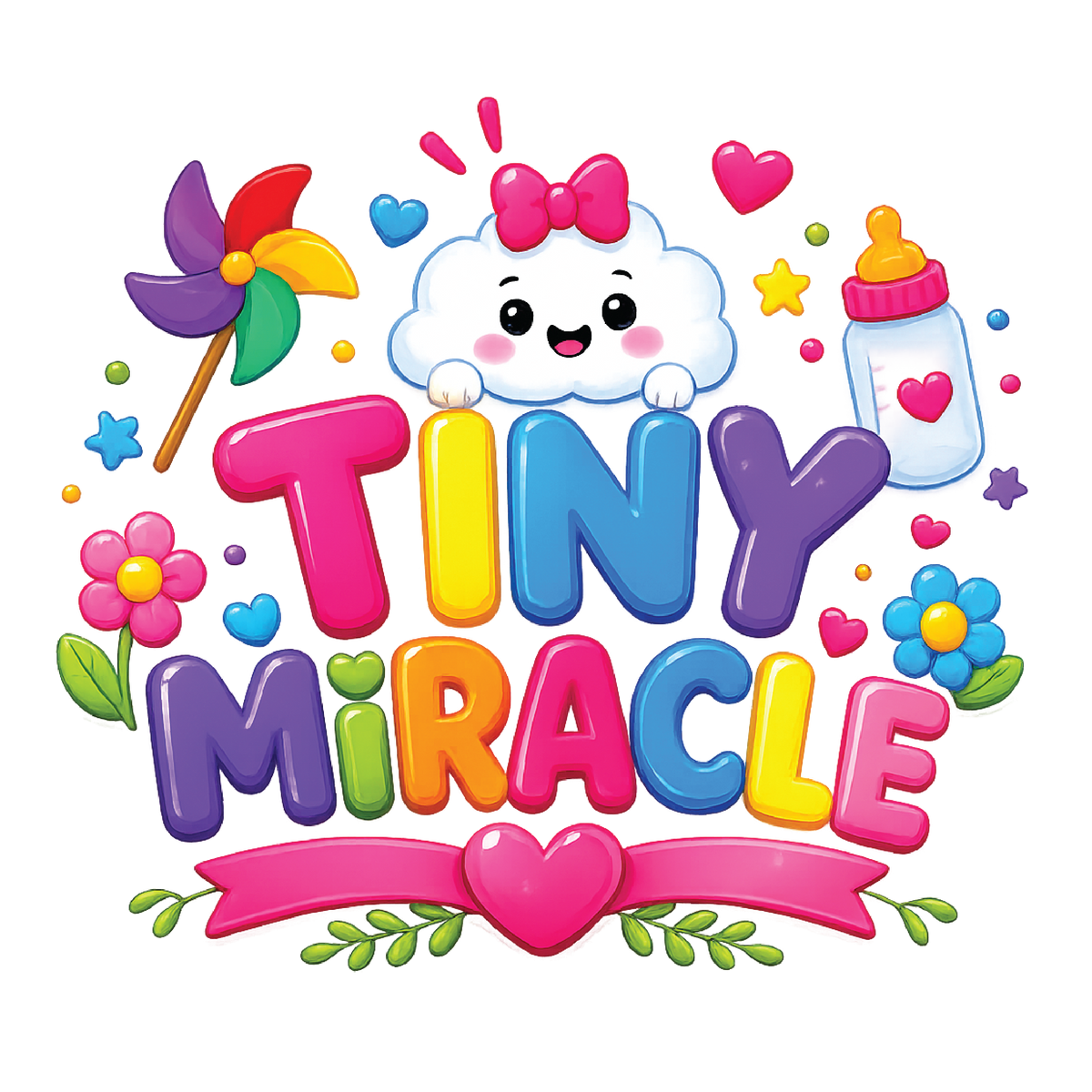 A colorful cartoon-style graphic reading “TINY MIRACLE” in large rounded letters, surrounded by playful baby-themed illustrations including a smiling cloud with a pink bow, a baby bottle, flowers, hearts, stars, and a pinwheel on a white background.