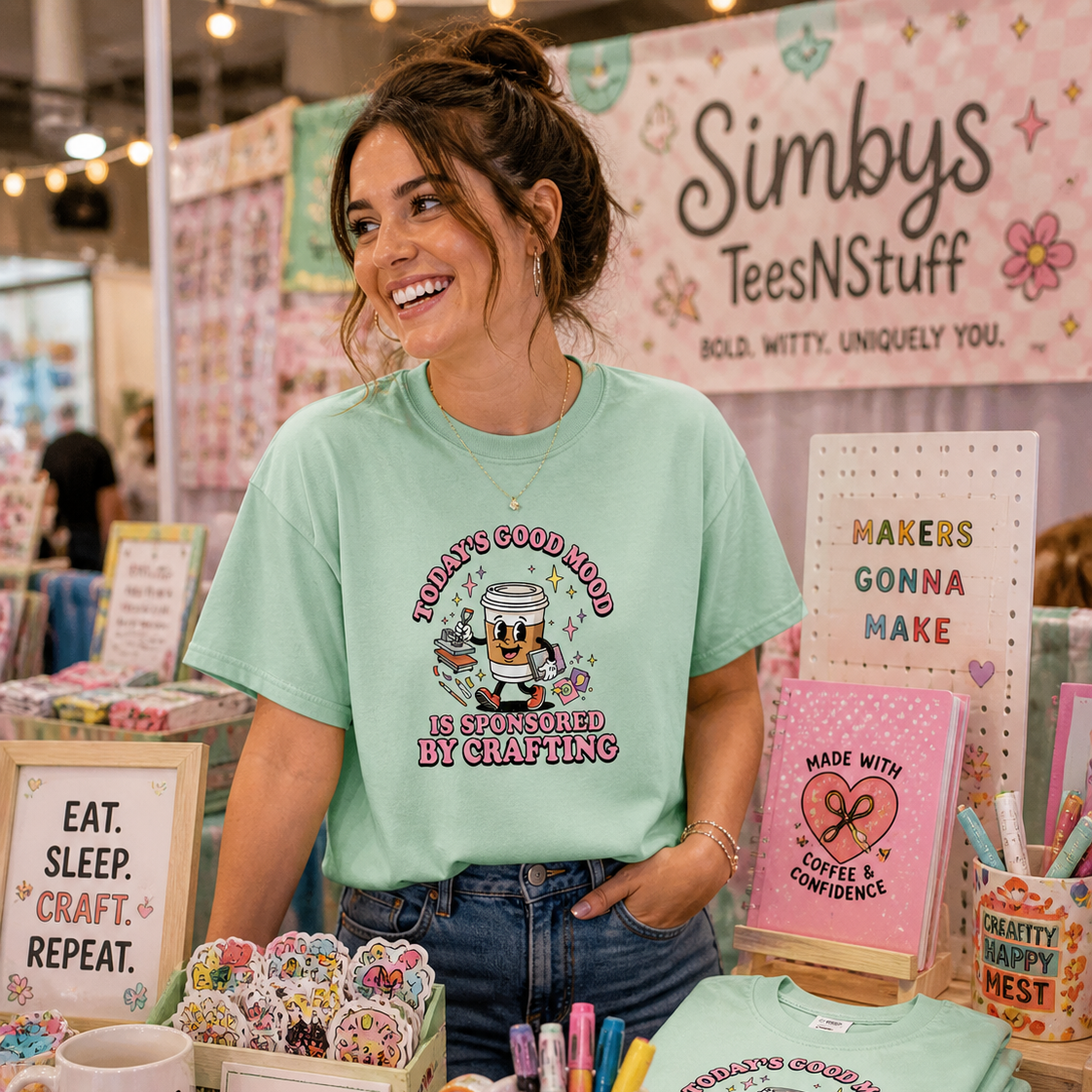 Woman wearing a mint green t-shirt with a graphic design at a booth named 'Simby's Tees N Stuff'.