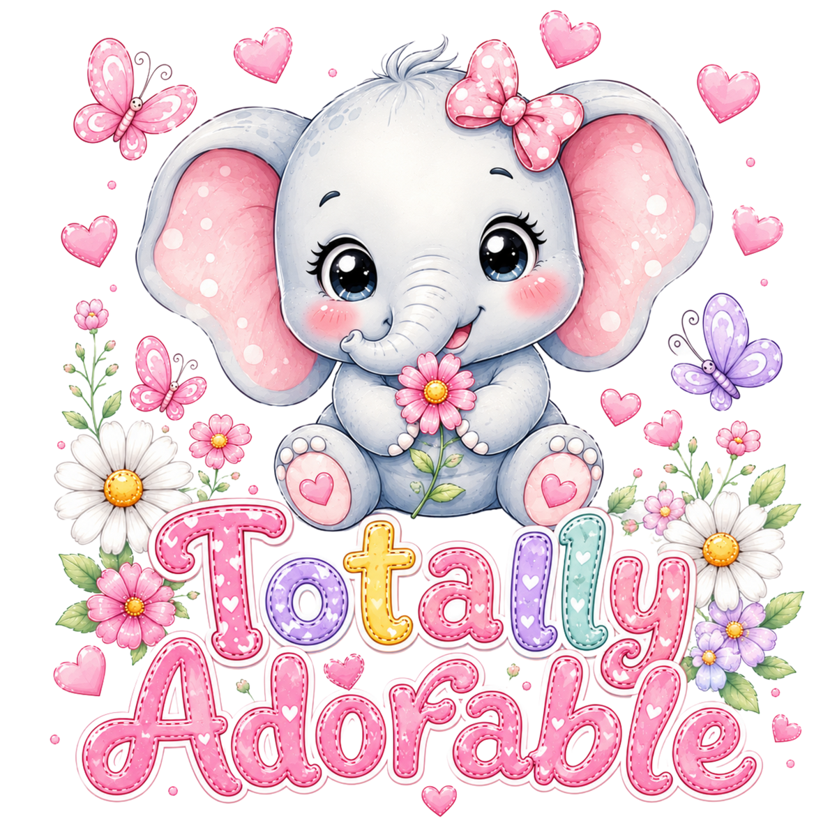 A cute cartoon baby elephant with large pink ears, a pink bow, and a flower in its trunk, surrounded by pink hearts, butterflies, daisies, and the words 'Totally Adorable' in colorful stitched lettering on a white background.
