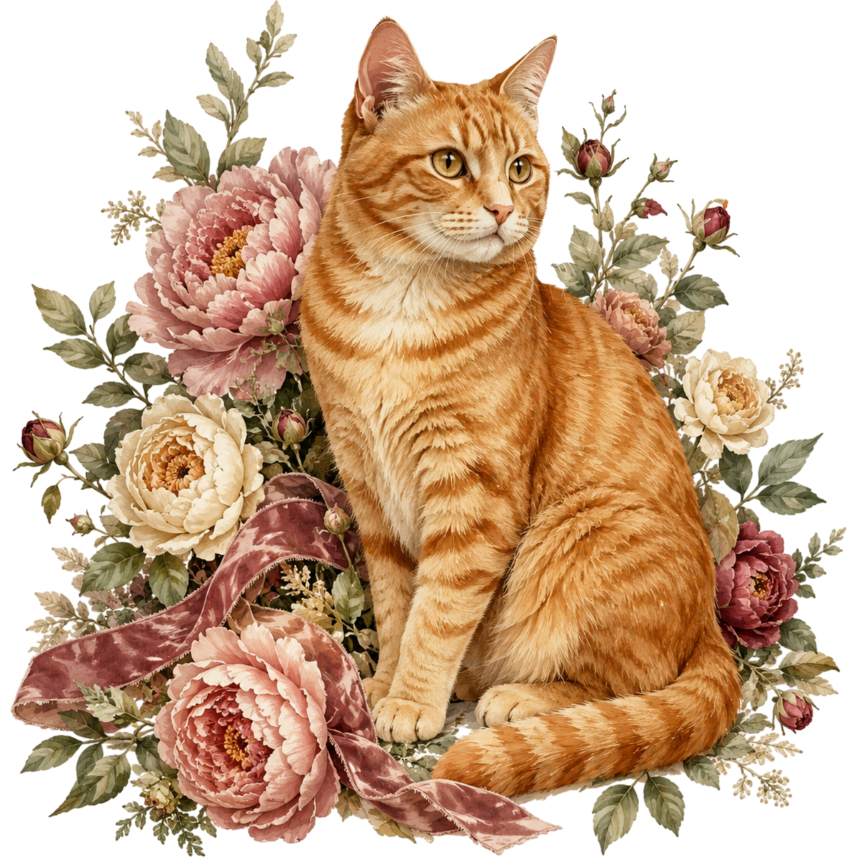 An orange tabby cat sits centered among large pink and cream peonies with green leaves and a mauve ribbon, on a plain white background.