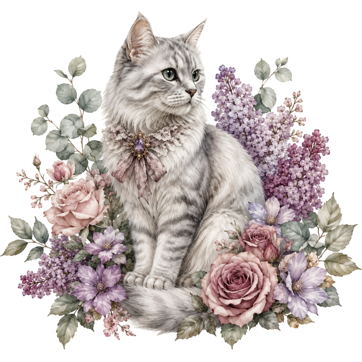 Vintage Silver Tabby Cat and Lilac Dreams Graphic T-Shirt