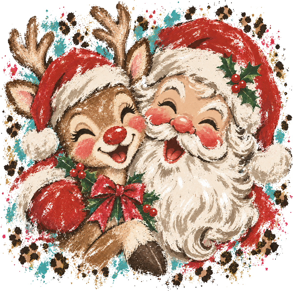 A festive Christmas illustration featuring Santa Claus and a smiling reindeer hugging. Santa wears a red hat with white fur trim and a full white beard, while the reindeer wears a Santa hat, red bow, and holly.