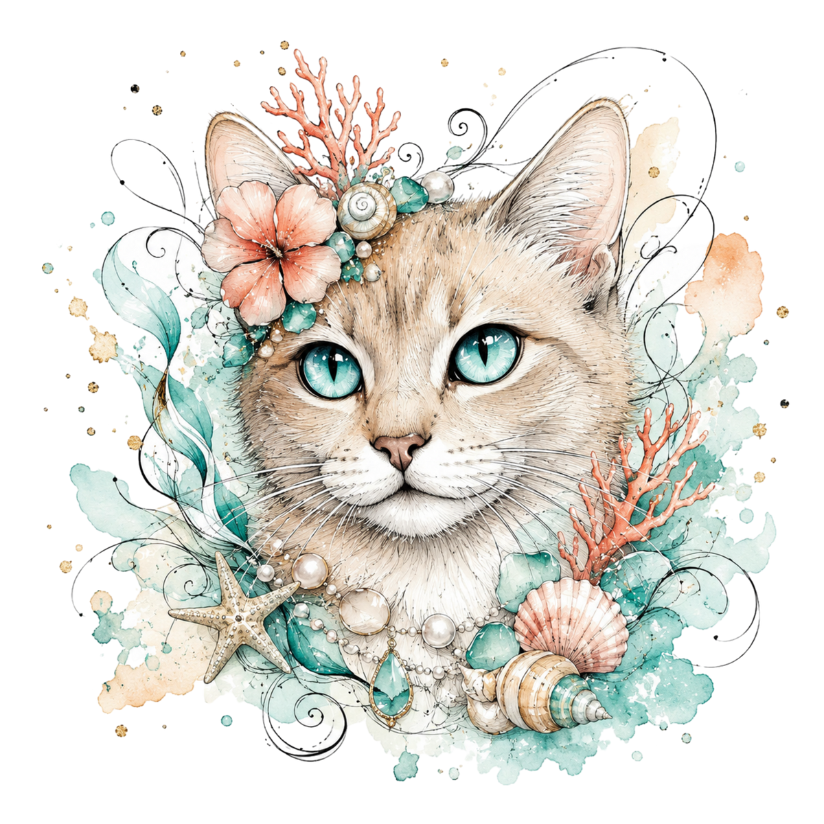 A stylized watercolor illustration of a cat's face surrounded by coral, shells, pearls, flowers, and teal watercolor splashes on a white background.