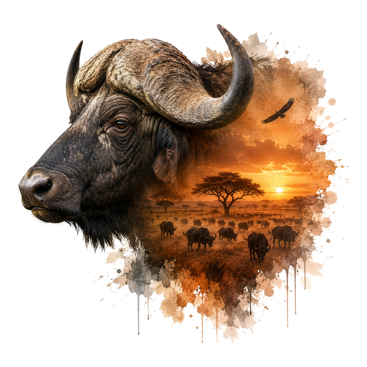 A stylized watercolor and ink illustration of an African buffalo head in profile, blending into a savanna sunset scene with acacia trees, a herd of buffalo, and a bird, all on a white background.