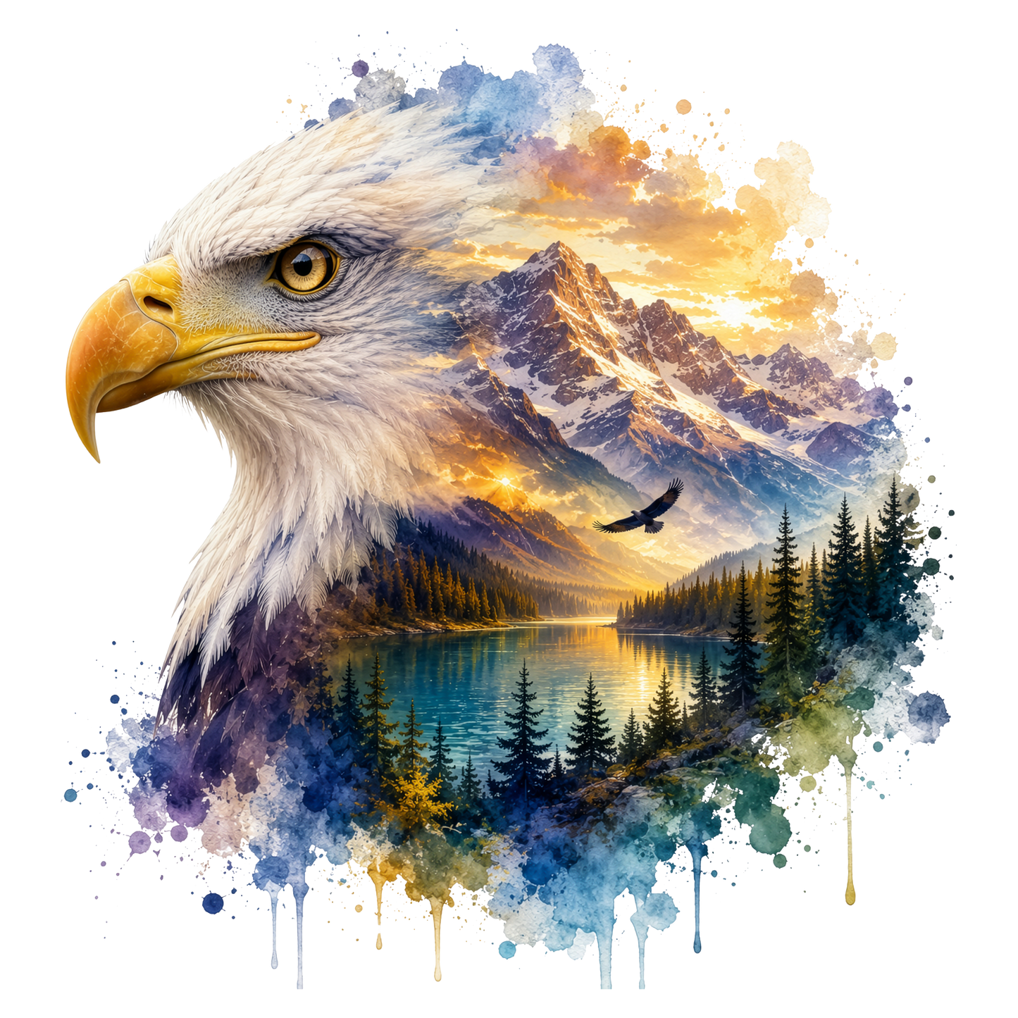 A stylized watercolor artwork featuring a bald eagle in profile over a mountain lake landscape with pine trees, a flying bird, and dramatic golden sky tones, isolated on a black background.