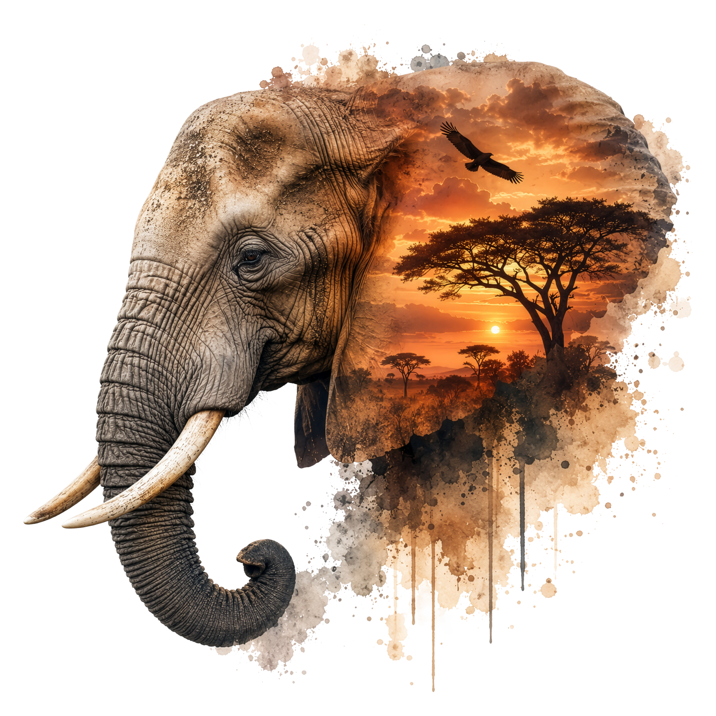 A stylized elephant head dtf on a white background, with the right side filled by a warm savanna sunset scene featuring a tree, bird, and paint-splatter texture.