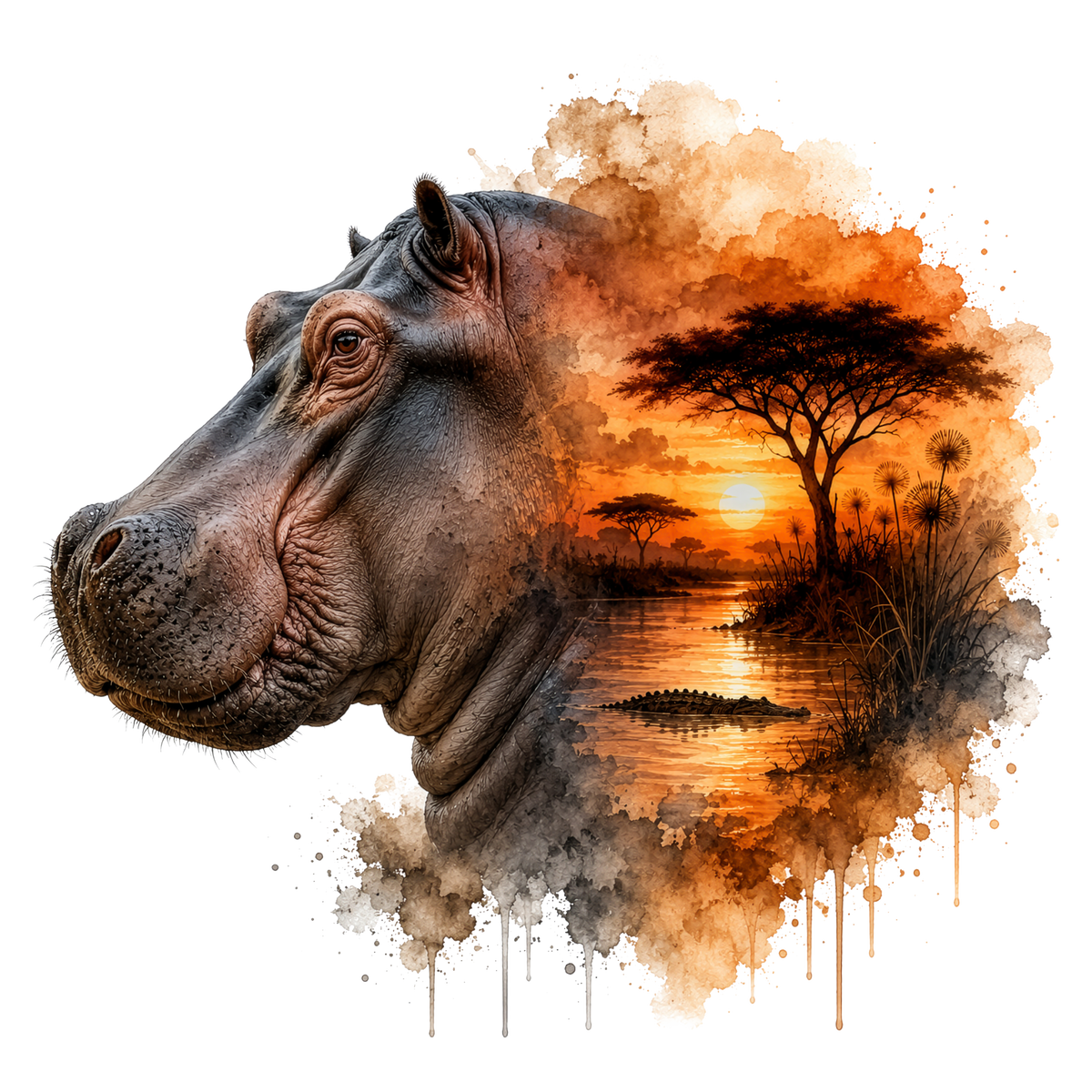 A stylized watercolor dtf showing the side profile of a hippopotamus merging into an African savanna sunset scene with trees, water, and an crocodile silhouette, on a white background.