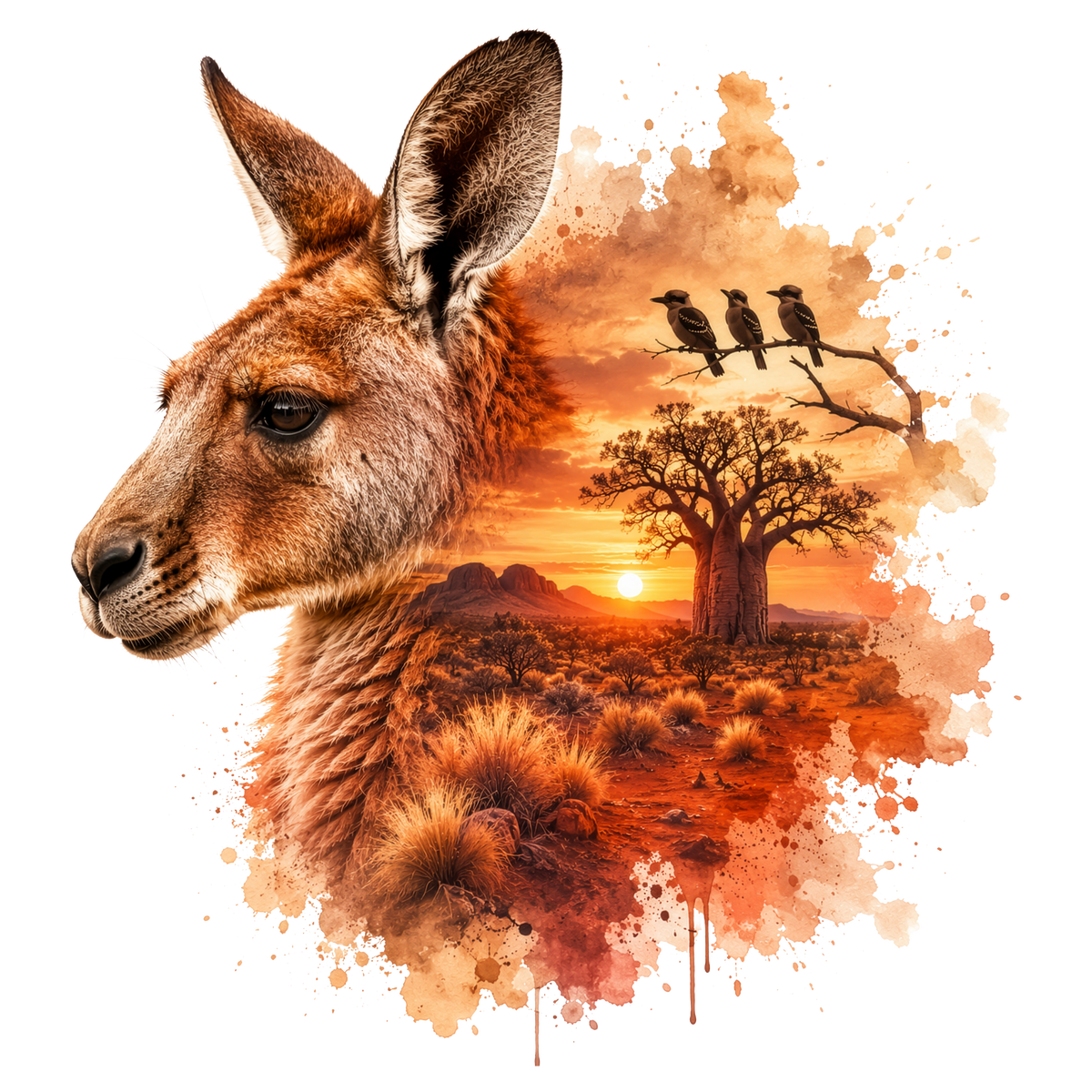 A stylized kangaroo head in profile blends into a watercolor Australian landscape with a sunset, tree, birds, and paint splashes on a white background.