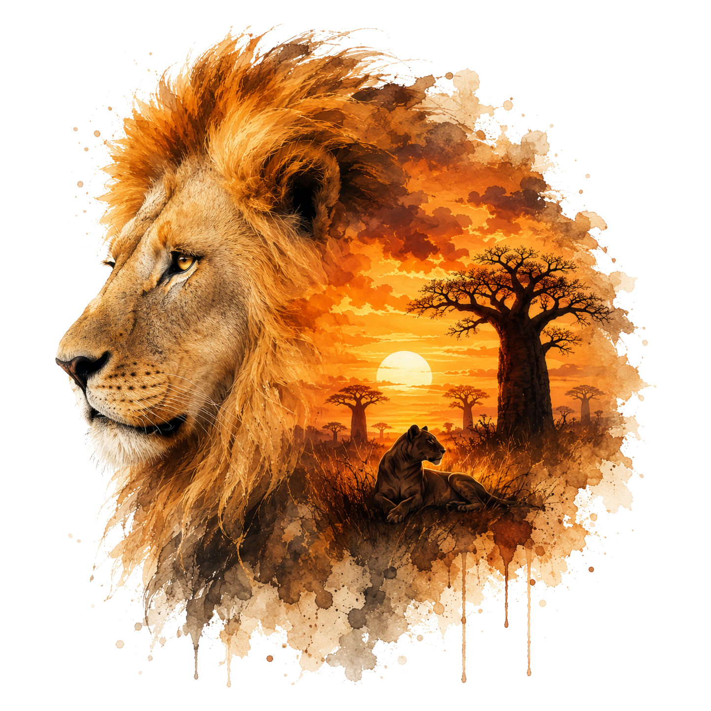 Watercolor-style lion portrait with a savanna sunset scene behind it, including a tree, sun, and a lion resting in the grass, on a white background.