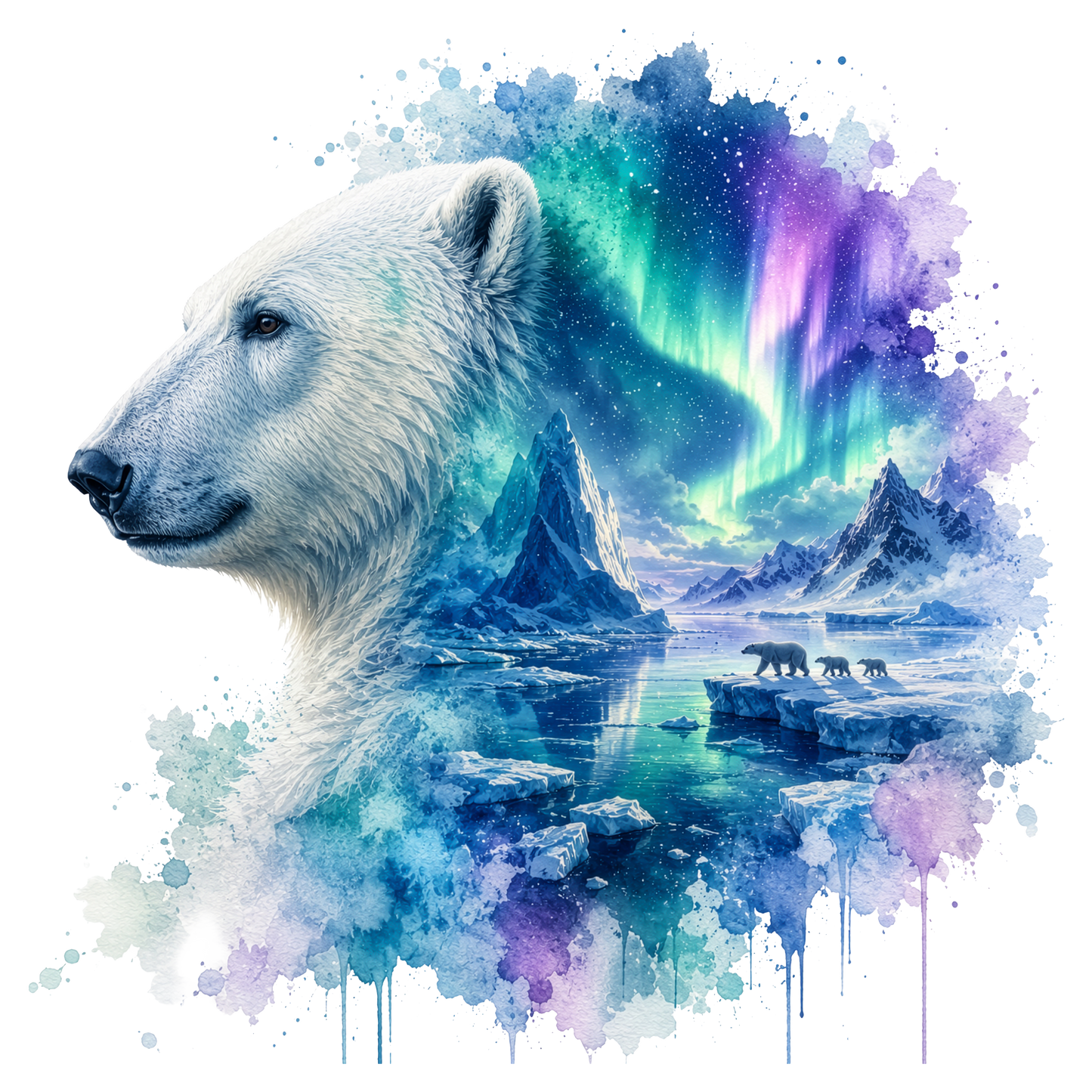 A stylized watercolor DTF featuring a polar bear in profile over an icy arctic landscape with mountains, polar bears on ice, and vivid aurora lights in blue, green, and purple on a white background.