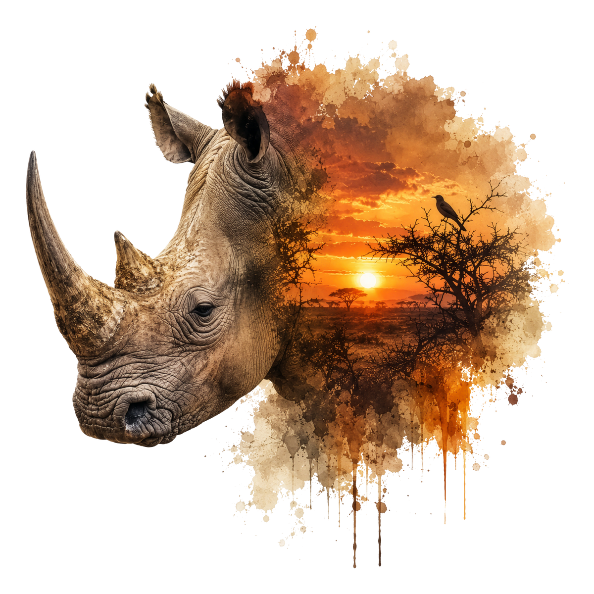 A stylized rhinoceros head in profile merged with an orange sunset savanna scene and paint-splatter effect on a black background.