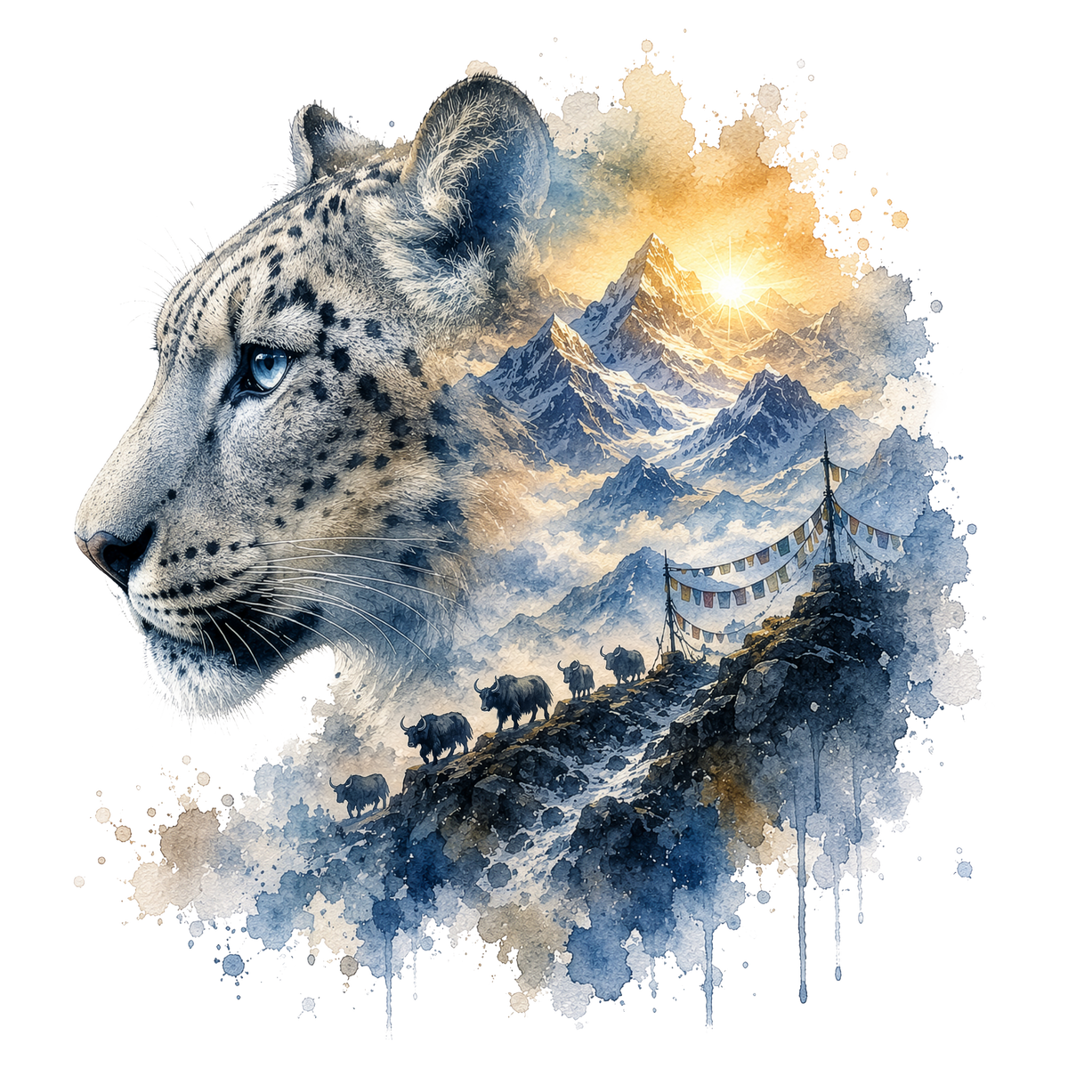 Watercolor-style design showing the side profile of a spotted big cat over a mountain landscape with a sunlit peak, blue-gray snow, a winding path, and small animal figures, all on a white background.