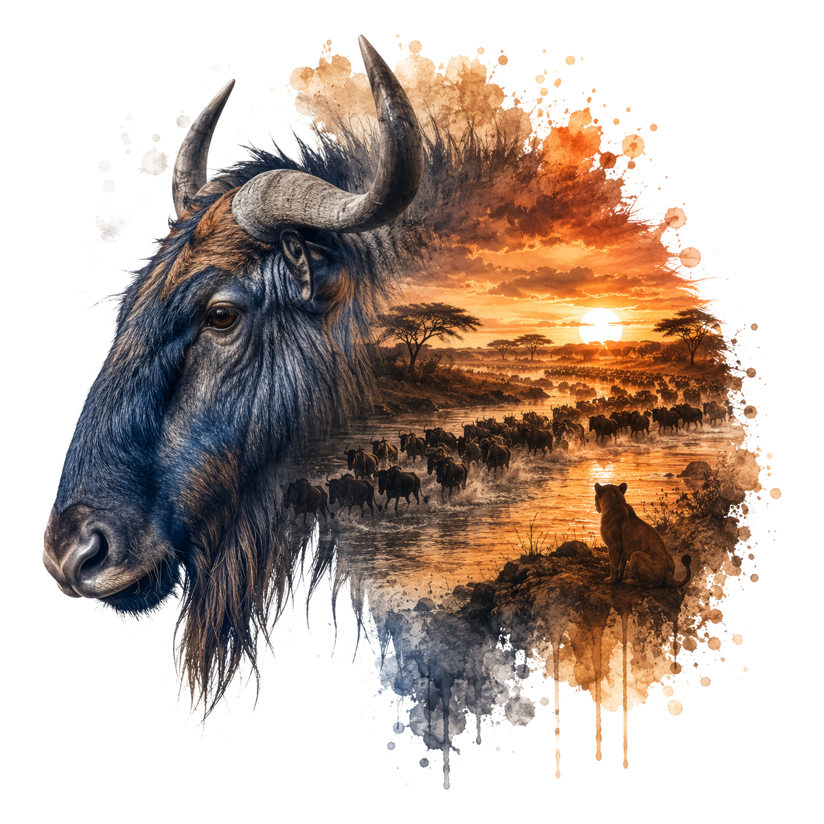 A stylized wildlife artwork featuring a close-up side profile of a blue wildebeest on the left, blending into a savanna sunset scene with a herd of wildebeests, trees, and a lion on the right. The composition uses warm orange and brown sunset tones against a white background.