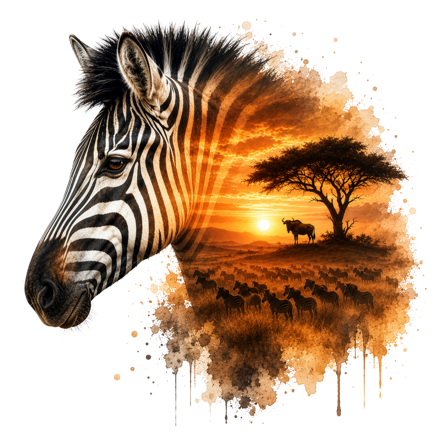 A stylized zebra head in profile blends into an African savanna sunset scene with a tree, herd of animals, and a bright sun, rendered in black, white, and warm orange-brown tones on a white background.