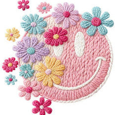 Yarn smiley face with flowers graphic t-shirt cute retro happy face tee