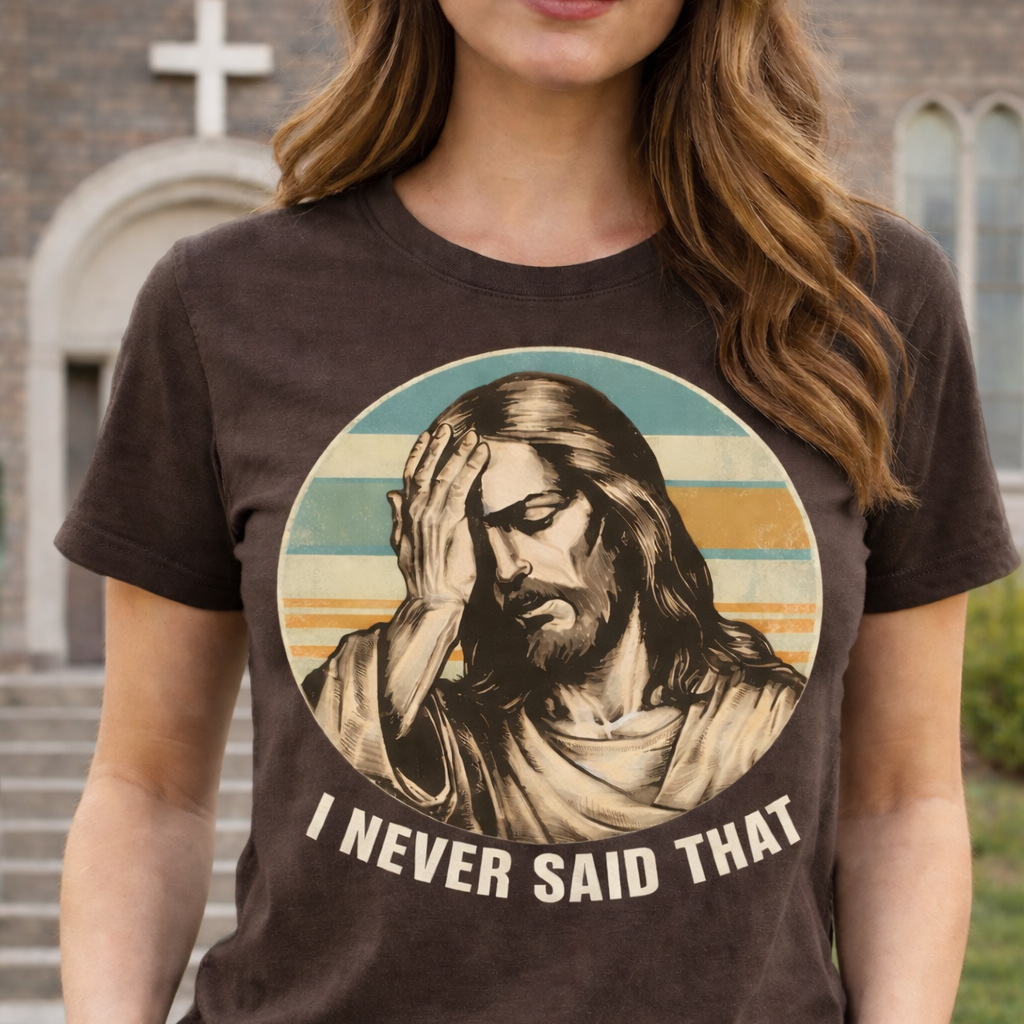 A woman wearing a brown t-shirt with a graphic of a historical figure and text, standing outdoors.