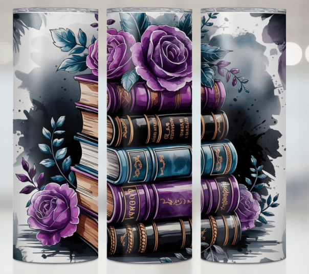 Graphic design of stacked books and purple roses on a dark background. 20 oz Tumbler