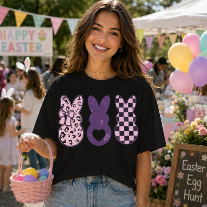 Three purple bunnies on a black colored  graphic t-shirt with heart, checkered, and leopard print bunny