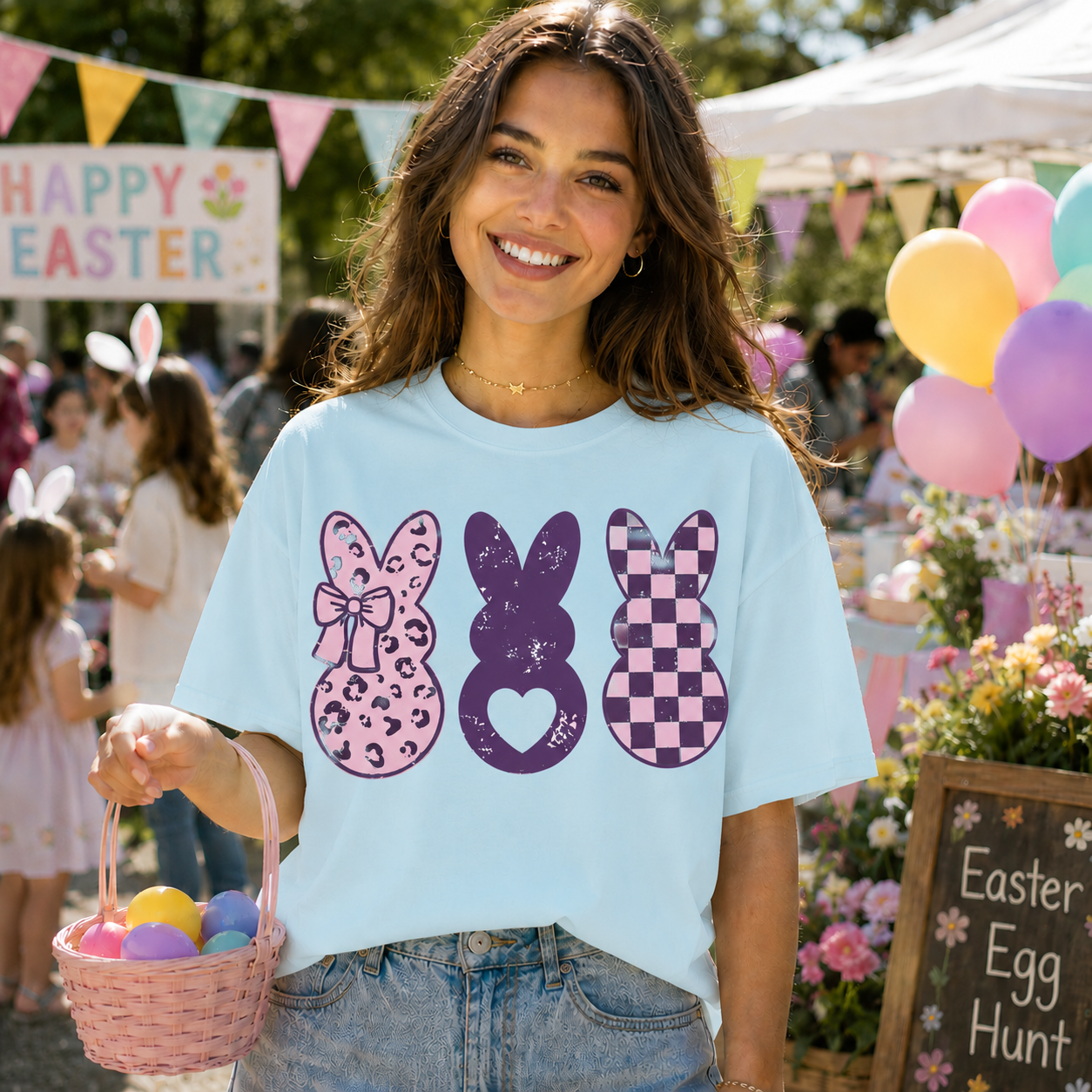 Three purple bunnies on a chambray colored graphic t-shirt with heart, checkered, and leopard print bunny