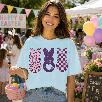 Three purple bunnies on a chambray colored graphic t-shirt with heart, checkered, and leopard print bunny