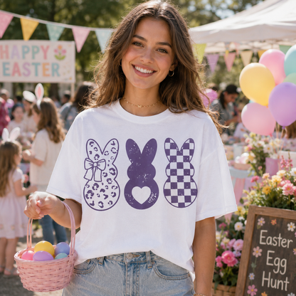 Three purple bunnies on a white colored graphic t-shirt with heart, checkered, and leopard print bunny