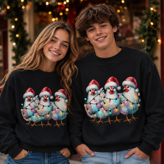 Teenagers wearing a black sweatshirt with  chickens wrapped in christmas lights design