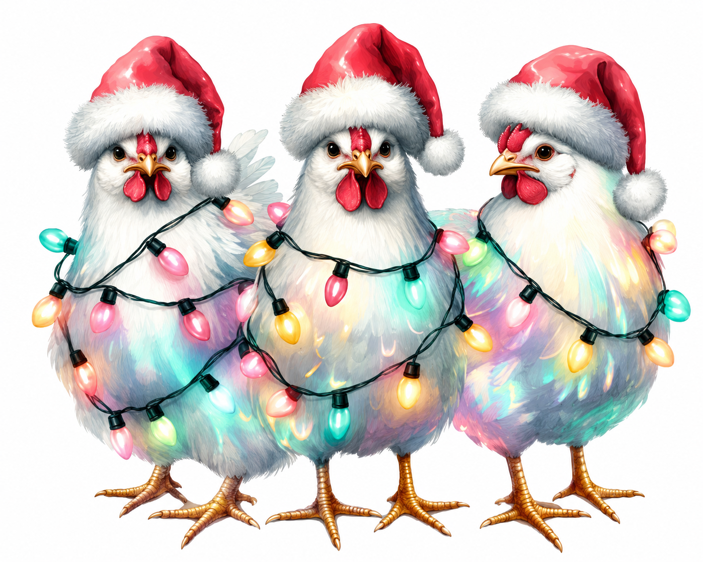 Close up of design with  chickens wrapped in christmas lights design