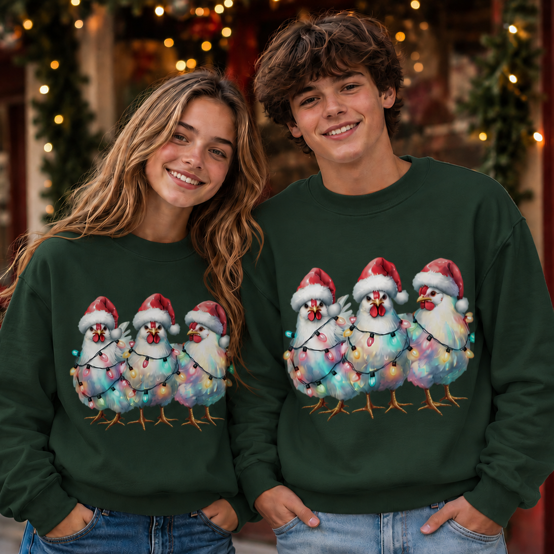 Teenagers wearing a forest green sweatshirt with  chickens wrapped in christmas lights design